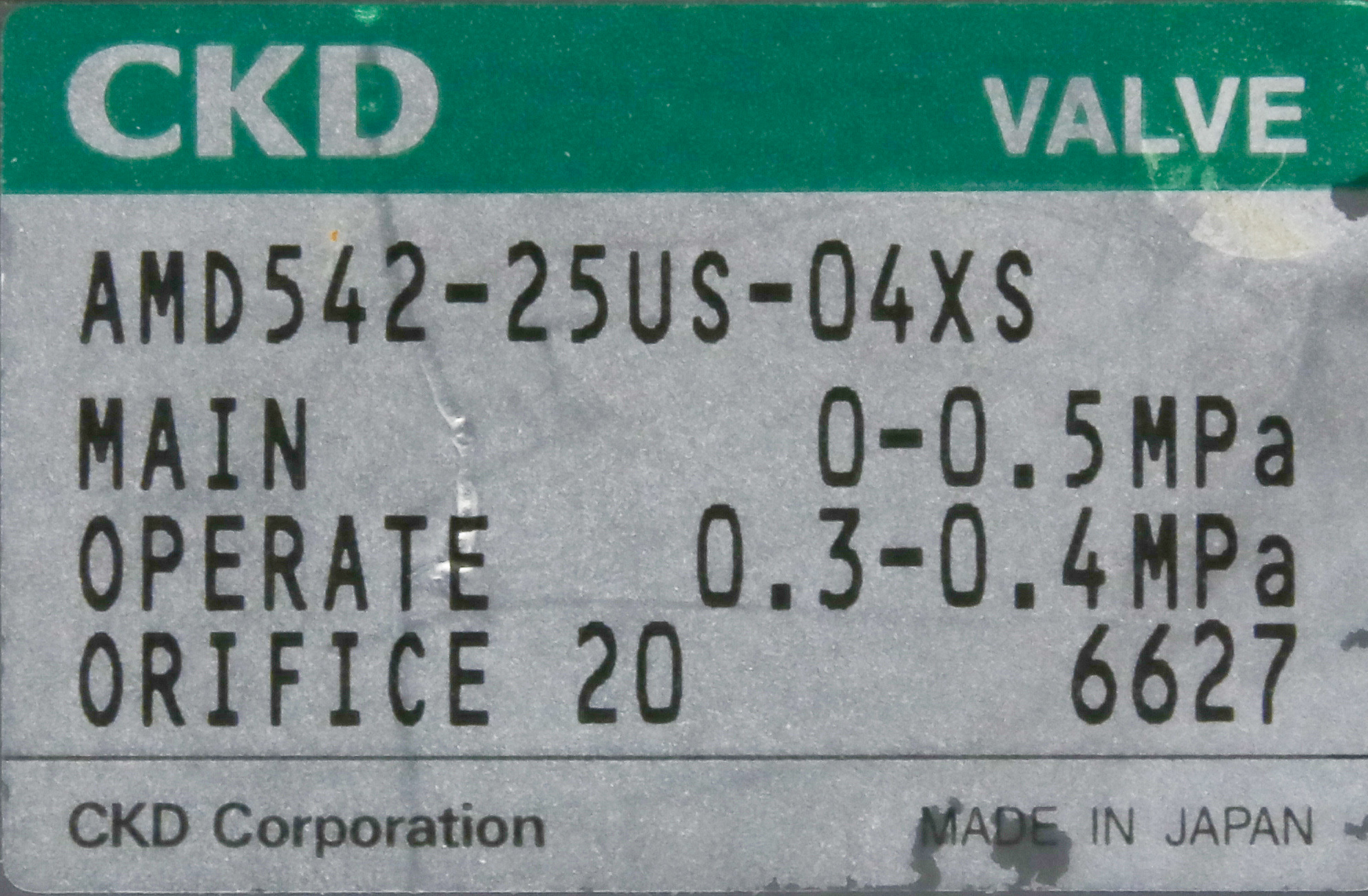 12228 CKD VALVE, 0~0.5MPA, ORIFICE 20 AMD542-25US-04XS | eBay